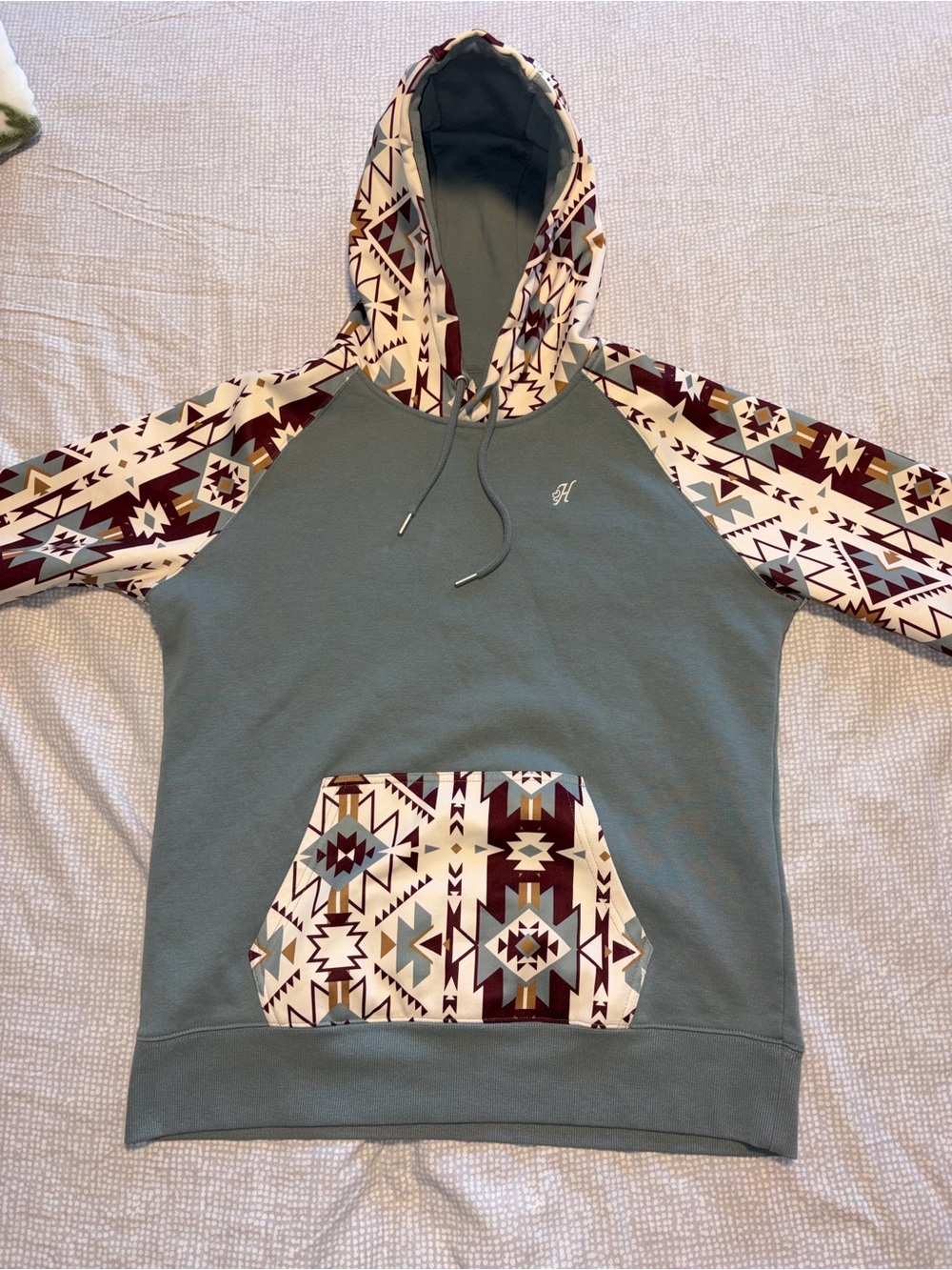 Hooey Sage Crewneck Hoodie with Maroon Aztec Accents